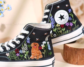 Embroidered Converse Sneakers, Dog & Flower Bouquet, Custom Chuck Taylor 1970s