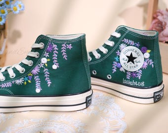 Sage Green Embroidered Converse Wedding Shoes, Floral Design