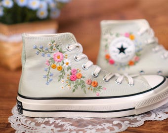 Sage Green Embroidered Converse, Floral Wedding Shoes