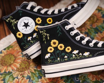 Custom Embroidered Converse High Tops, Sunflower Embroidery Wedding Sneakers