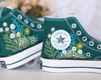 Zapatillas Converse verde salvia bordadas, ramo floral 3D, regalo de boda