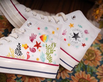 Embroidered Converse Shoes, Unique Ocean Fish Design, Custom Wedding Sneakers