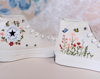 Custom Converse Sneakers: Hand-Embroidered Garden Flowers, Bridal Shoes