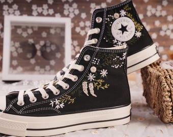 Embroidered Converse High Tops, Custom Garden Wedding Shoes
