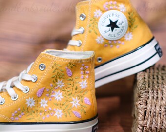 Zapatillas Converse altas bordadas, zapatos de boda personalizados con crisantemos y margaritas