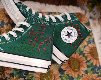 Sage Green Embroidered Converse Shoes, Floral Bouquet