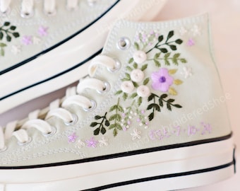 Zapatillas Converse verde salvia bordadas, ramo floral 3D