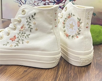 Embroidered Floral Converse Sneakers, High Platform Wedding Shoes