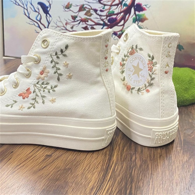 Wedding sneakers/ Valentine Gift/Embroidered Wedding Flowers Shoes High platform 4CM/Wedding Converse Converse Embroidered Flowers image 1