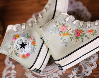 Sage Green Embroidered Converse, Floral Wedding Shoes