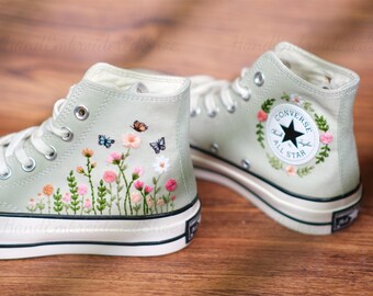 Custom Embroidered High Top Sneakers: Floral Butterfly Design