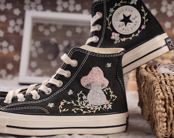 Custom Embroidered Wedding Sneakers: Mushroom, Floral Design