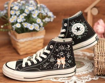 Custom Embroidered Wedding Sneakers, Cat & Planet Design