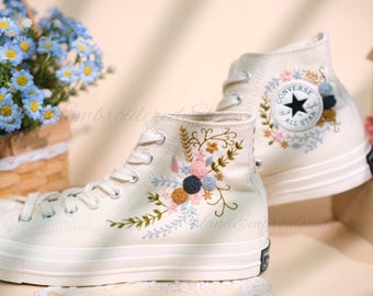 Zapatillas Converse de caña alta bordadas a mano: Jardín de crisantemos colorido