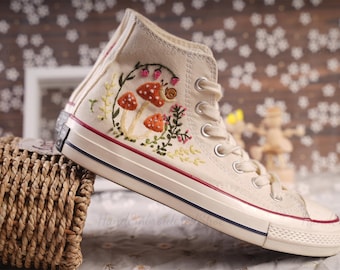 Hand Embroidered Converse High Tops: Mushroom Floral Wedding Shoes