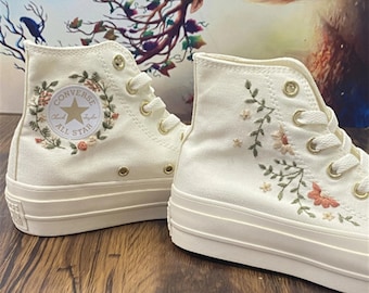 Wedding sneakers/ Valentine Gift/Embroidered Wedding Flowers  Shoes High platform  4CM/Wedding Converse Converse Embroidered Flowers