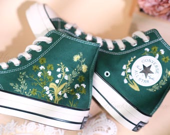 Green Embroidered Converse Shoes, 3D Floral Bouquet, Wedding Gift Christmas gifts