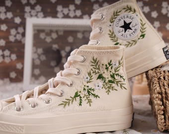 Hand Embroidered Converse Shoes, Sage Green Floral Sneakers