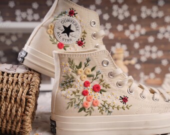 Custom Wedding Sneakers, Embroidered Floral Converse, Ladybug Detail