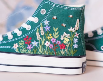 Hand Embroidered Floral Converse Sneakers, Garden & Bees Bridal Shoes