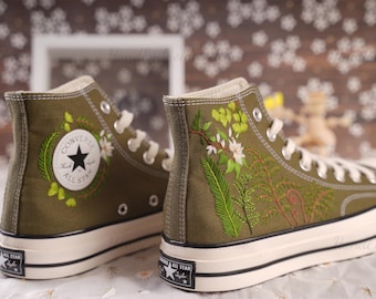 Custom Converse, Hand Embroidered Green Plant Sneakers