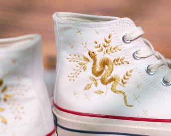 Hand Embroidered Custom Sneakers, Golden Snake Embroidery