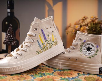 Custom Embroidered Converse High Tops, Floral Wedding Sneakers