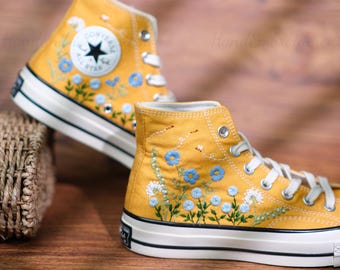 Embroidered wedding shoes/Converse High Tops/Custom Colorful Chrysanthemum Garden/Blue Floral Bee Embroidery