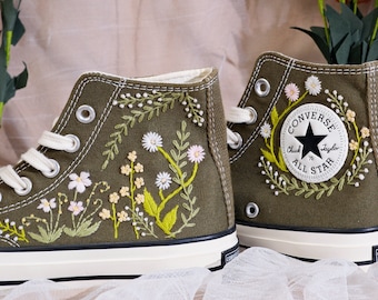 Custom Embroidered Converse High Tops, Floral Wedding Sneakers