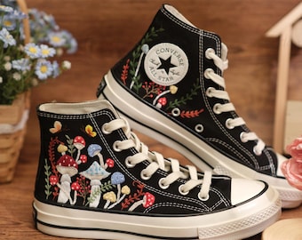 Embroidered Converse Wedding Shoes: Butterfly Mushroom Design
