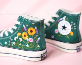 Individuell bestickte Hochzeits-Sneaker, Sonnenblume & Lavendel-Schuhe