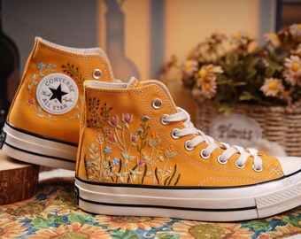 Custom Embroidered Converse High Tops, Sunflower Wedding Sneakers