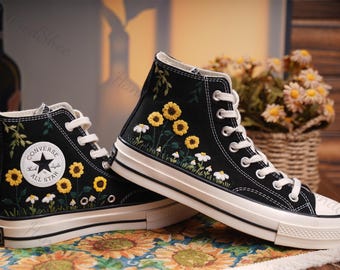 Zapatillas Converse altas bordadas: Diseño personalizado de girasol