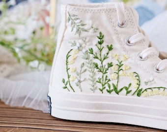 No platform Custom Embroidered Converse/ Custom Chuck Taylor All Star   High Top Embroidered Daisy Flower/ Wedding sneakers/ Wedding Gift