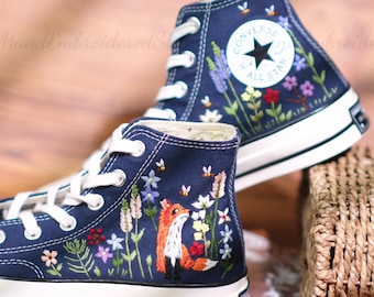 Embroidered Converse Sneakers: Custom Fox & Floral Design