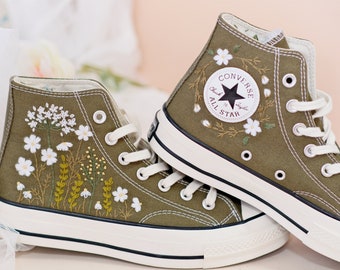 Custom Embroidered Converse High Tops, Olive Green Floral Wedding Shoes