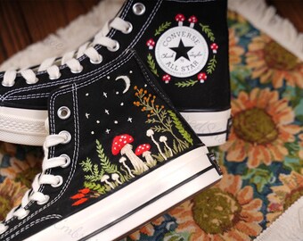 Embroidered Converse Shoes: Mushroom Moon Bouquet Wedding Sneakers