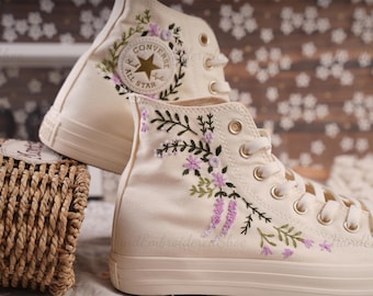 Embroidered Converse High Tops: Custom Lavender Floral Wedding Shoes