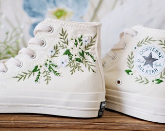 No platform Custom Embroidered Converse/ Custom Chuck Taylor All Star   High Top Embroidered Daisy Flower/ Wedding sneakers/ Wedding Gift