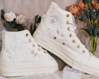 Custom No platform/White Wedding Flowers Embroidered Converse/Bridal Flowers Embroidered Sneakers/Wedding Flowers Embroidered Sneakers