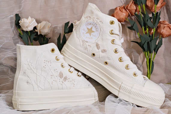 Custom Move Platform white Wedding Flowers Embroidered Converse bridal Flowers Embroidered Sneakers wedding Flowers Embroidered Sneakers Etsy