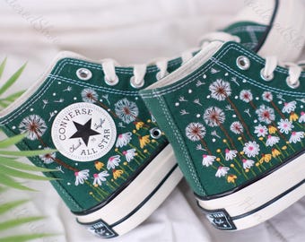 Geborduurde Converse-sneakers, paardebloem madeliefjetuinbloemen, aangepaste trouwschoenen