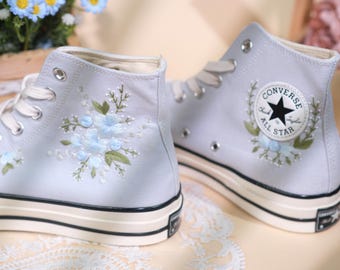 Custom Embroidered High Top Sneakers, 1970s Floral Converse, Bridal Shoes