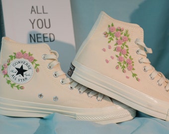 Geborduurde Converse/Converse High Tops/Custom Kleurrijke Chrysanthemum Garden/Geborduurde Sneakers/Converse Chuck Taylor 1970 Borduurwerk