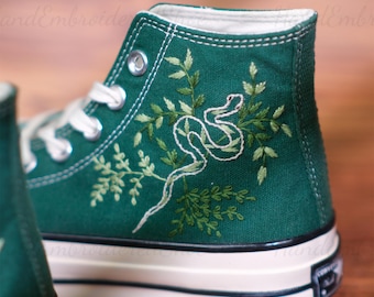 Custom Embroidered Sneakers: Snake & Botanical Design