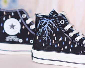 Embroidered Converse Sneakers, Lightning & Raindrop Design