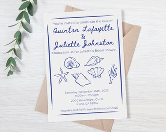 Coastal Chic Tropical Bridal Shower Invitation Template. Sea Shell Bridal Shower Invite Template. Beach Bridal Shower Invite. Bridal Shower.