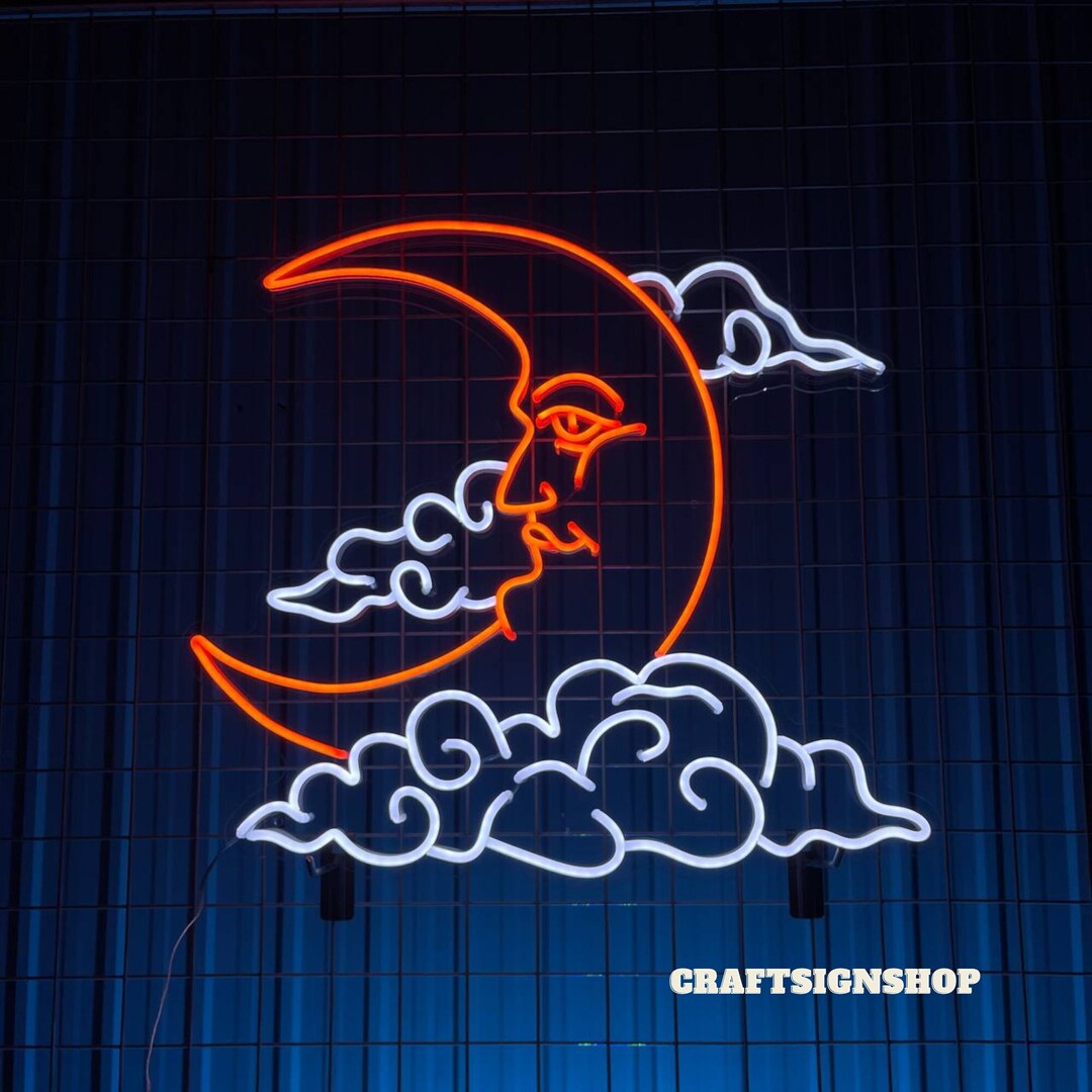 Crescent Moon Face Neon Sign Crescent Moon Led Sign Moon Etsy