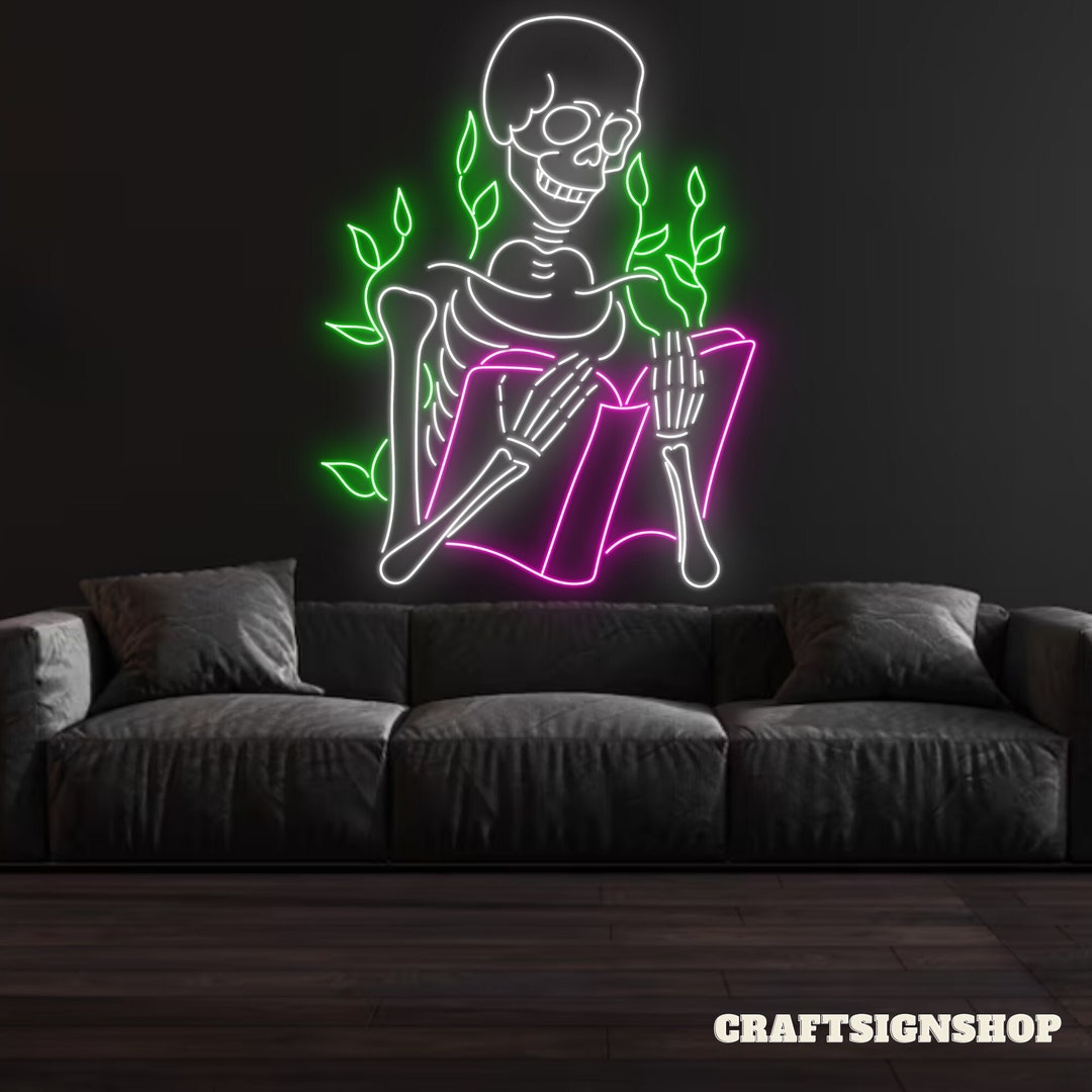 Skeleton Reading Book Neon Sign, Book LED Sign, Book Sign, Bookish Gift, Book Lovers Gift, Reading Room Decor, Book Wall Art, Skeleton Sign