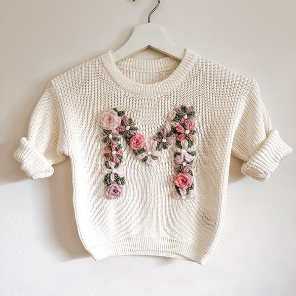 Custom embroidered floral initial sweater | Custom Embroidered Baby and Toddler Sweater | Hand Embroidered Name Sweater | Name Sweater